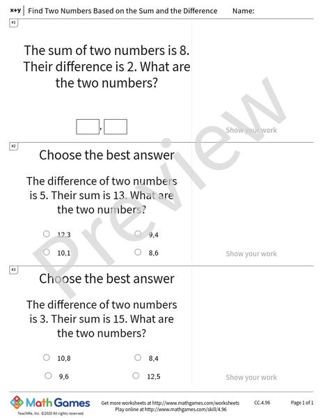 Sample full worksheet preview for Find Two Numbers Based on the Sum and the Difference