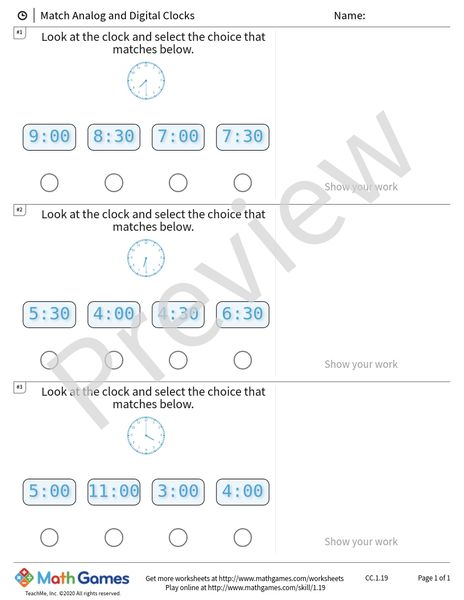 Sample full worksheet preview for Match Analog and Digital Clocks
