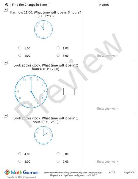 Sample full worksheet preview for Find the Change in Time I