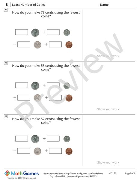 Sample full worksheet preview for Least Number of Coins