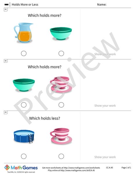 Sample full worksheet preview for Holds More or Less