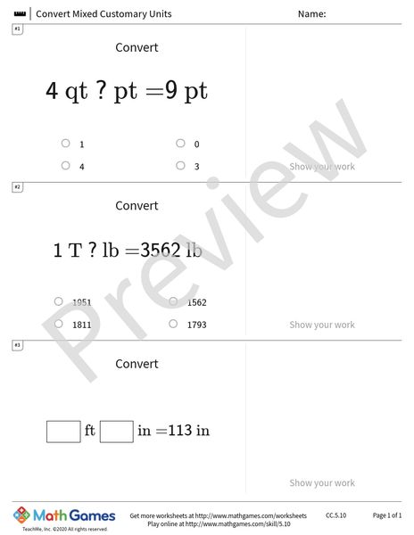 Sample full worksheet preview for Convert Mixed Customary Units