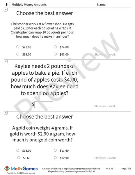 Sample full worksheet preview for Multiply Money Amounts