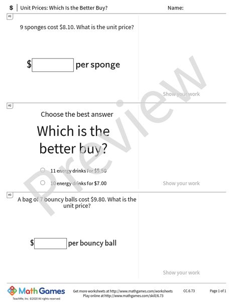 Sample full worksheet preview for Unit Prices: Which Is the Better Buy?