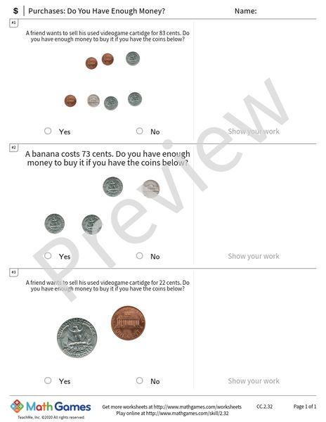 Sample full worksheet preview for Purchases: Do You Have Enough Money?