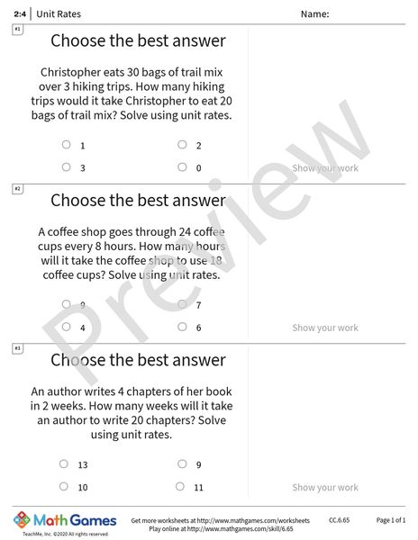 Sample full worksheet preview for Unit Rates