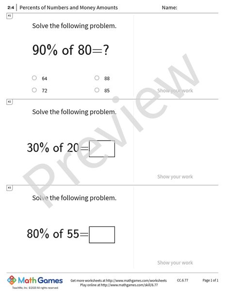 Sample full worksheet preview for Percents of Numbers and Money Amounts