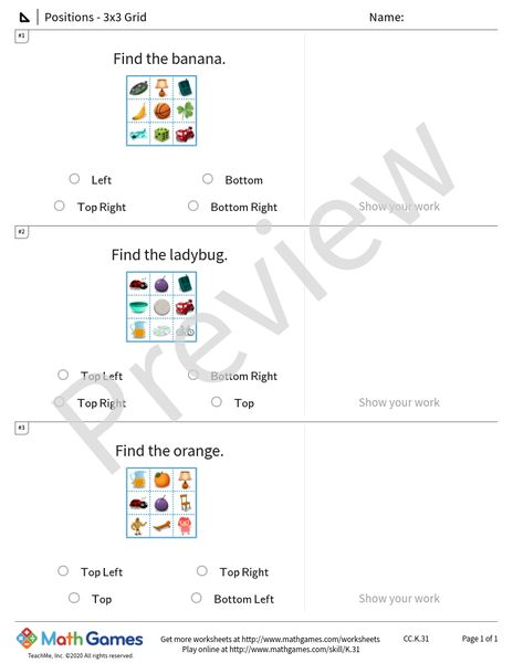 Sample full worksheet preview for Positions - 3x3 Grid
