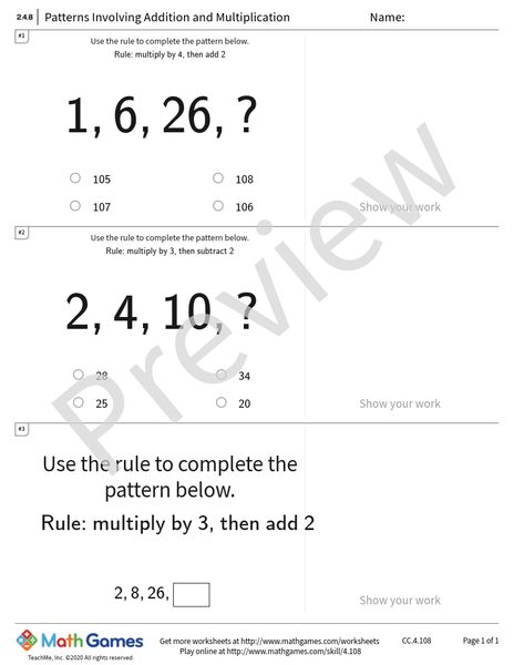 Sample full worksheet preview for Patterns Involving Addition and Multiplication