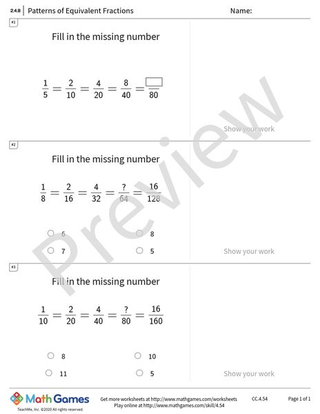Sample full worksheet preview for Patterns of Equivalent Fractions