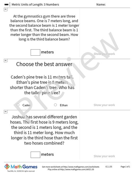 Sample full worksheet preview for Metric Units of Length: 3 Numbers