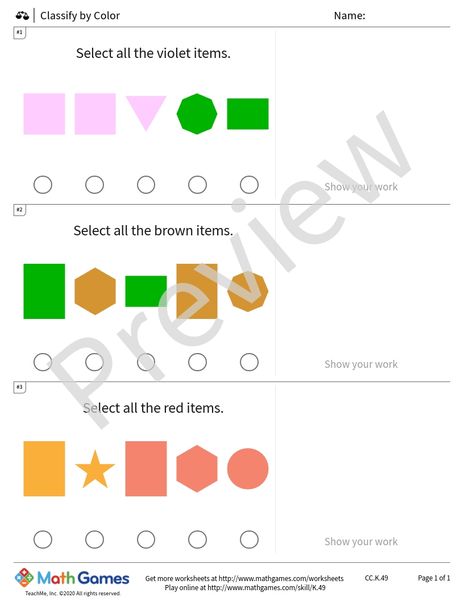 Sample full worksheet preview for Classify by Color