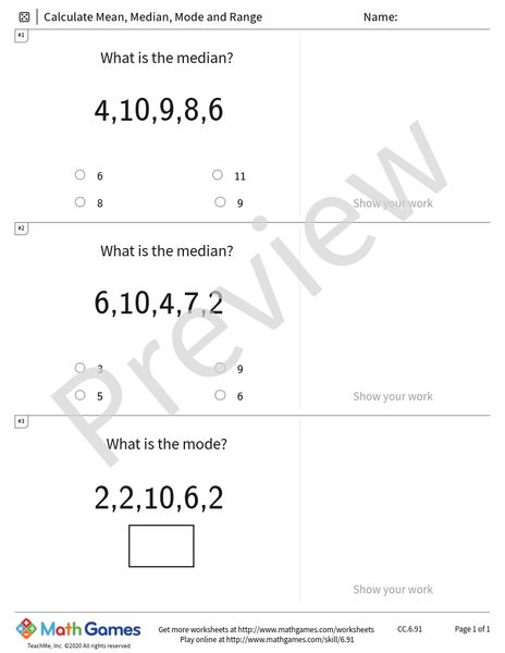 Sample full worksheet preview for Calculate Mean, Median, Mode and Range