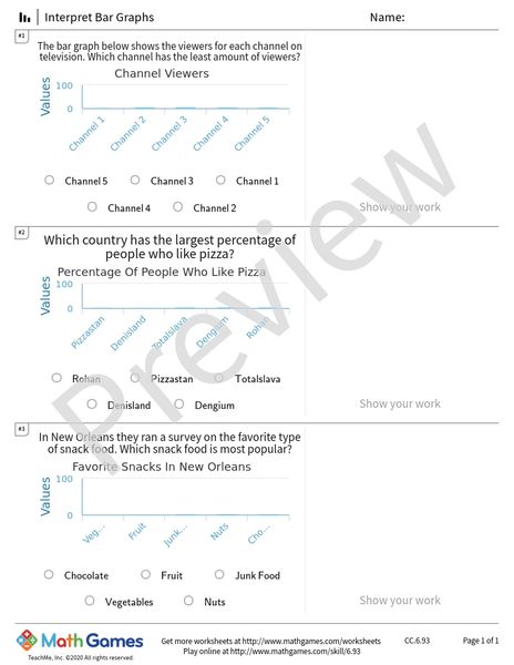 Sample full worksheet preview for Interpret Bar Graphs