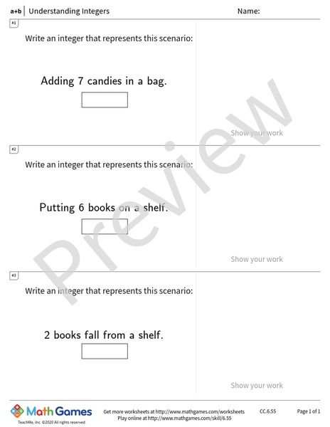 Sample full worksheet preview for Integers: Understanding Integers