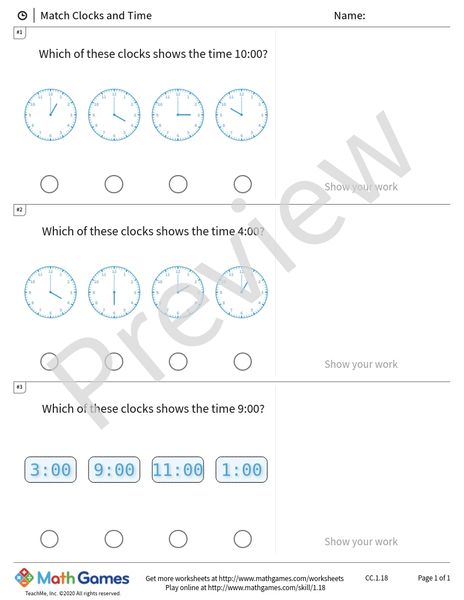Sample full worksheet preview for Match Clocks and Time
