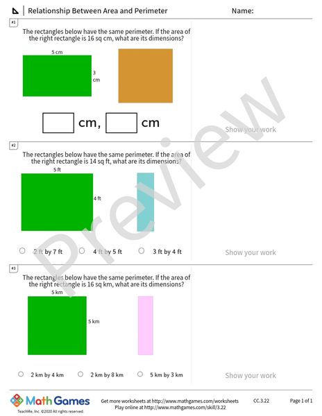 Sample full worksheet preview for Relationship Between Area and Perimeter