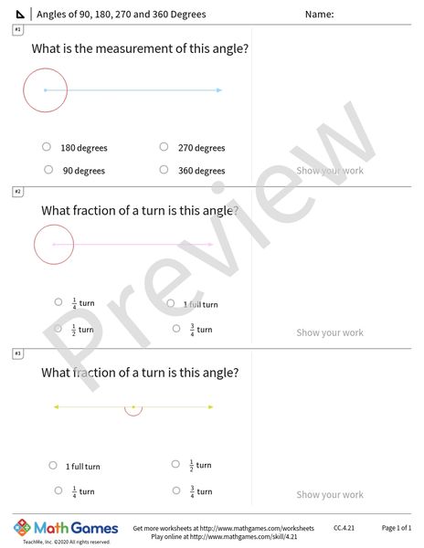 Sample full worksheet preview for Angles of 90, 180, 270 and 360 Degrees
