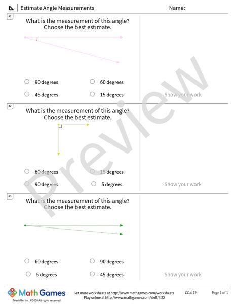 Sample full worksheet preview for Estimate Angle Measurements