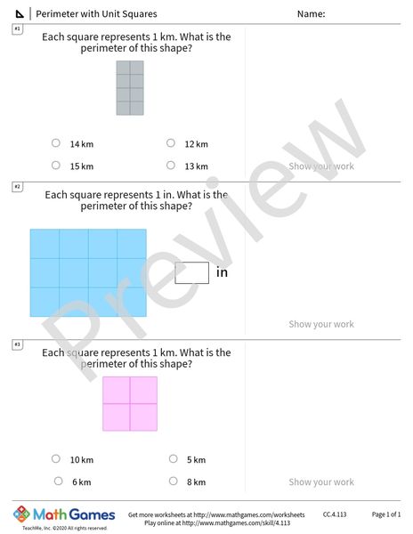 Sample full worksheet preview for Perimeter with Unit Squares