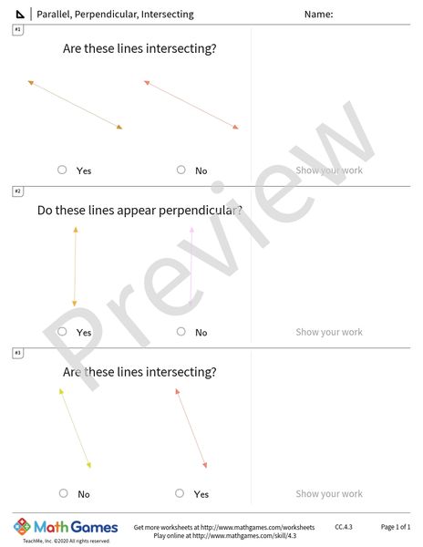 Sample full worksheet preview for Parallel, Perpendicular, Intersecting