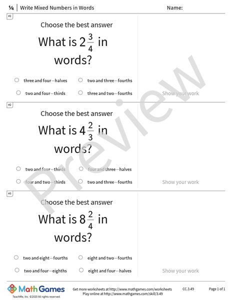 Sample full worksheet preview for Write Mixed Numbers in Words