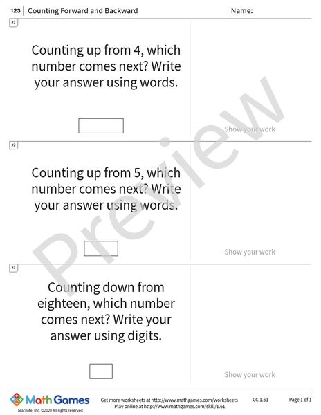 Sample full worksheet preview for Counting Forward and Backward