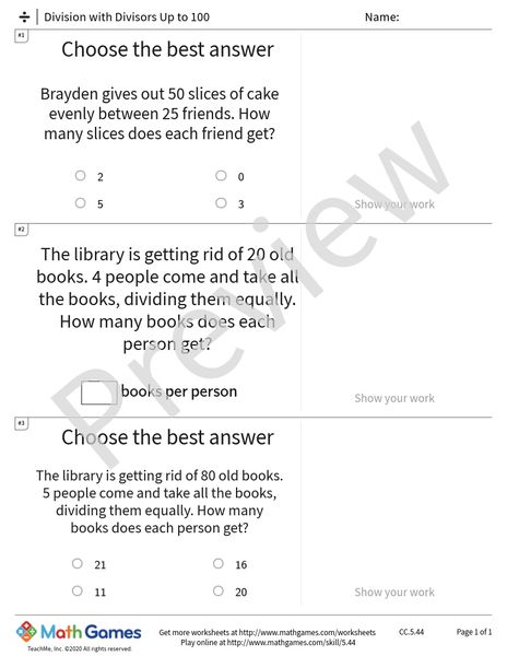 Sample full worksheet preview for Division with Divisors Up to 100