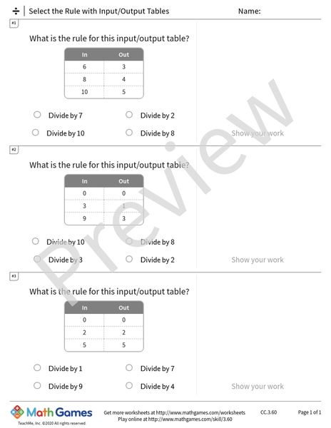 Sample full worksheet preview for Select the Rule with Input/Output Tables