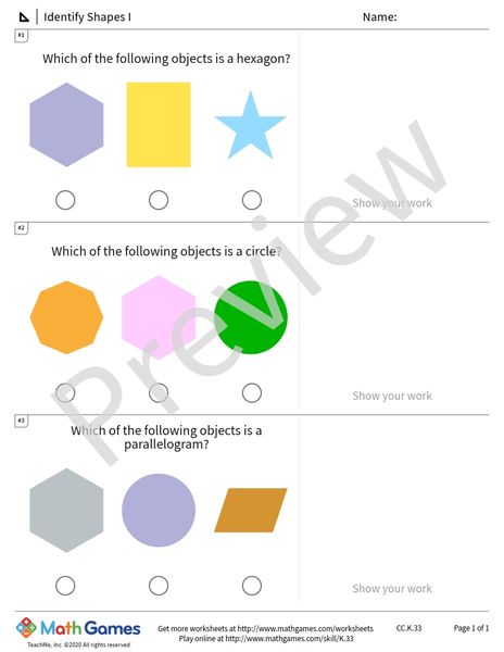 Sample full worksheet preview for Identify Shapes I