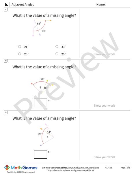 Sample full worksheet preview for Adjacent Angles