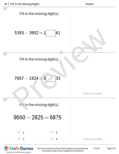 Sample full worksheet preview for Fill in the Missing Digits