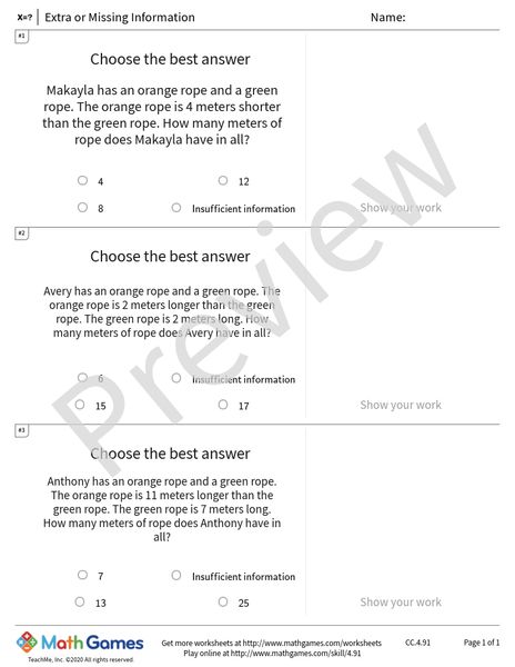 Sample full worksheet preview for Extra or Missing Information