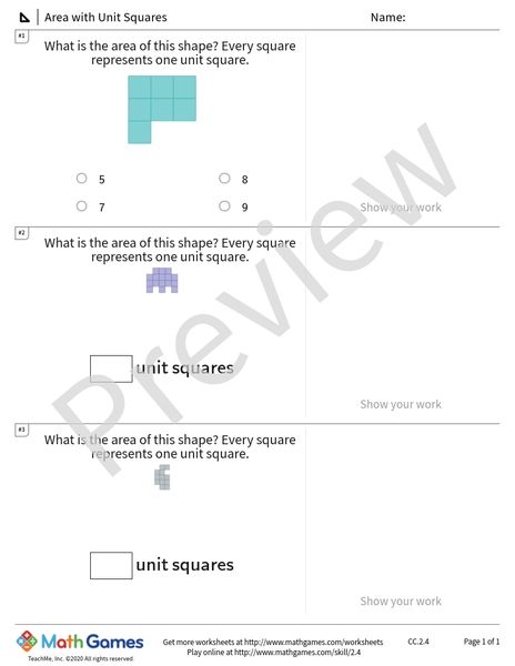 Sample full worksheet preview for Area with Unit Squares