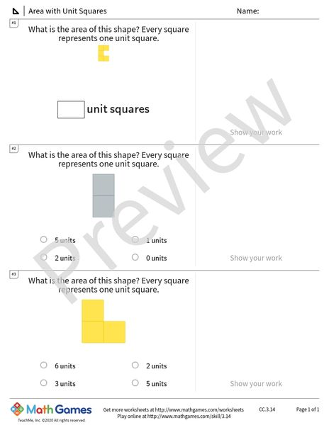Sample full worksheet preview for Area with Unit Squares