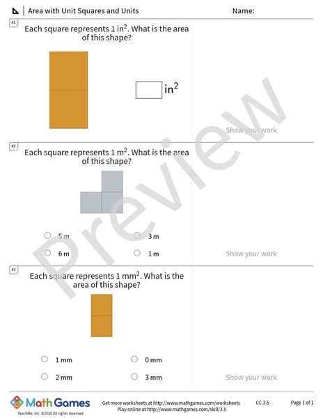 Sample full worksheet preview for Area with Unit Squares and Units