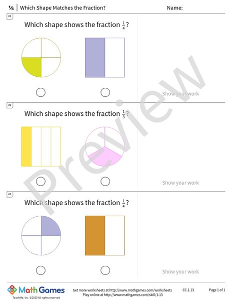 Sample full worksheet preview for Which Shape Matches the Fraction?