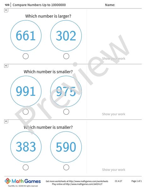 Sample full worksheet preview for Compare Numbers Up to 10000000