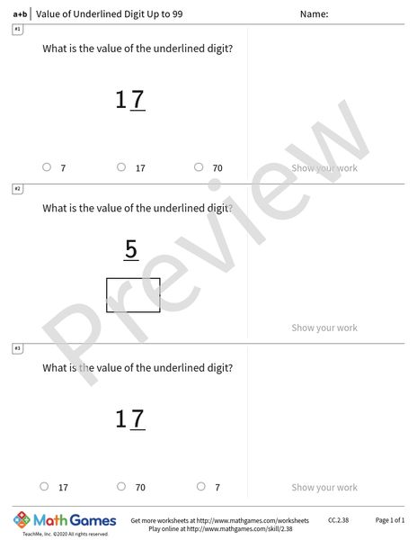 Sample full worksheet preview for Value of Underlined Digit Up to 99