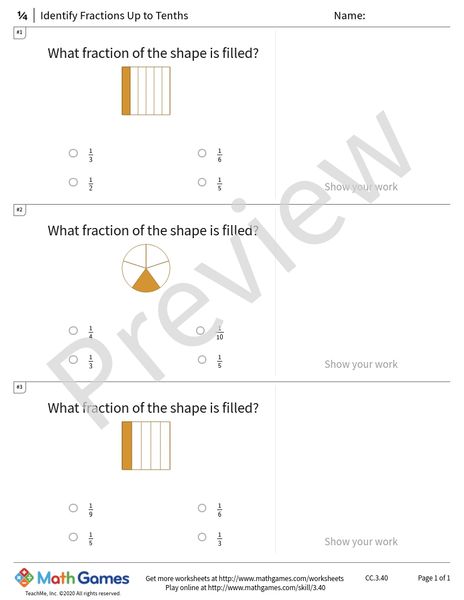 Sample full worksheet preview for Identify Fractions Up to Tenths