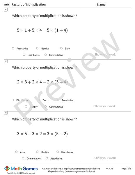 Sample full worksheet preview for Factors of Multiplication