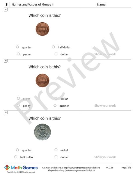 Sample full worksheet preview for Names and Values of Money II