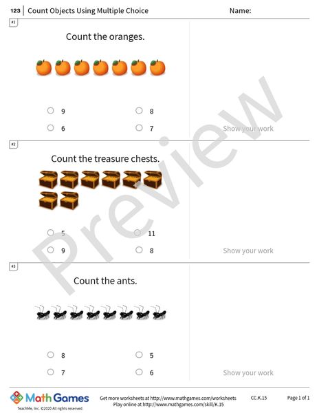 Sample full worksheet preview for Count Objects Using Multiple Choice