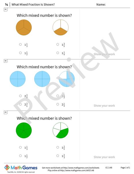 Sample full worksheet preview for What Mixed Fraction Is Shown?