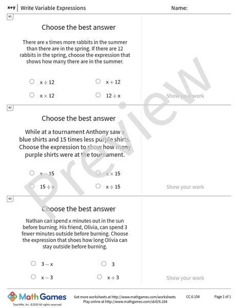 Sample full worksheet preview for Write Variable Expressions
