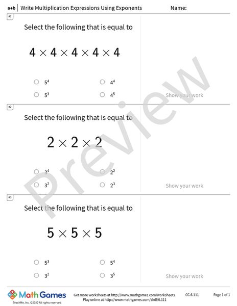 Sample full worksheet preview for Write Multiplication Expressions Using Exponents