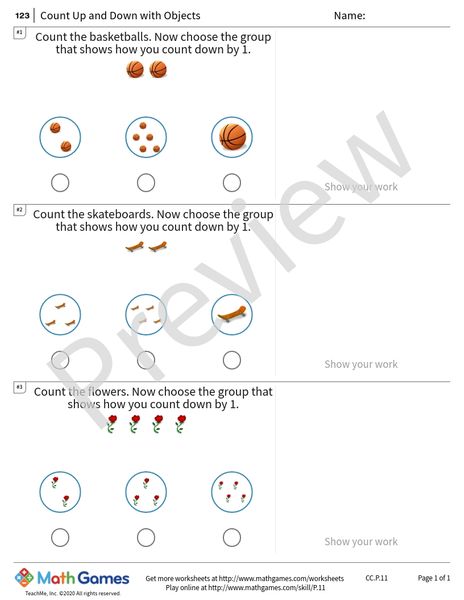 Sample full worksheet preview for Count Up and Down with Objects