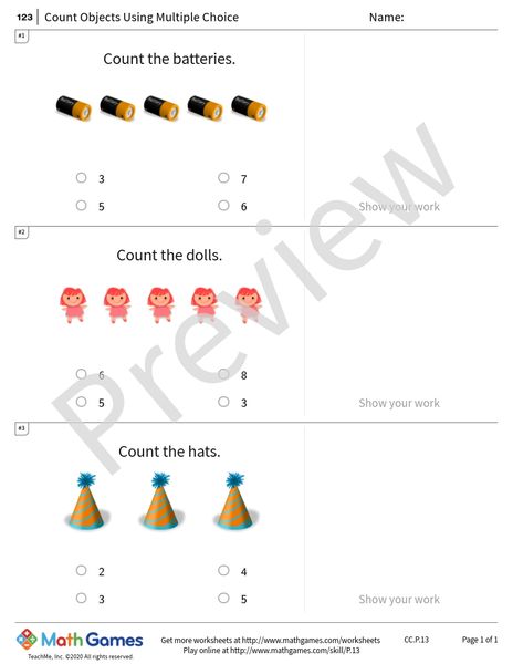 Sample full worksheet preview for Count Objects Using Multiple Choice