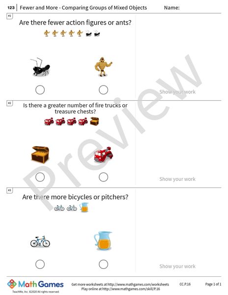 Sample full worksheet preview for Fewer and More - Comparing Groups of Mixed Objects