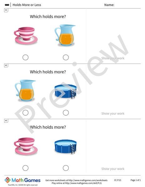 Sample full worksheet preview for Holds More or Less